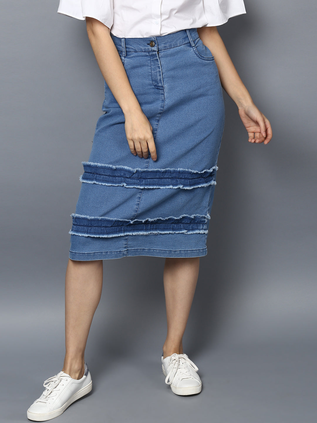 Women's Denim Distressed Strip Skirt