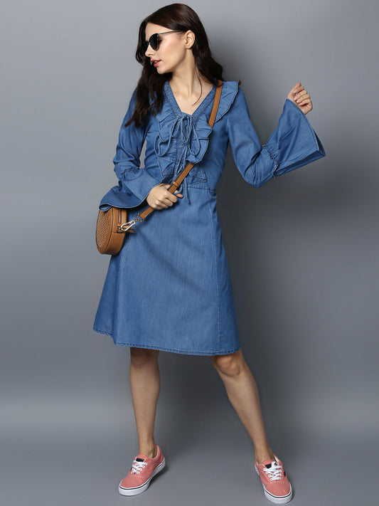 Women's Denim Draw String and Bell Sleeve Dress