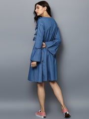 Women's Denim Draw String and Bell Sleeve Dress