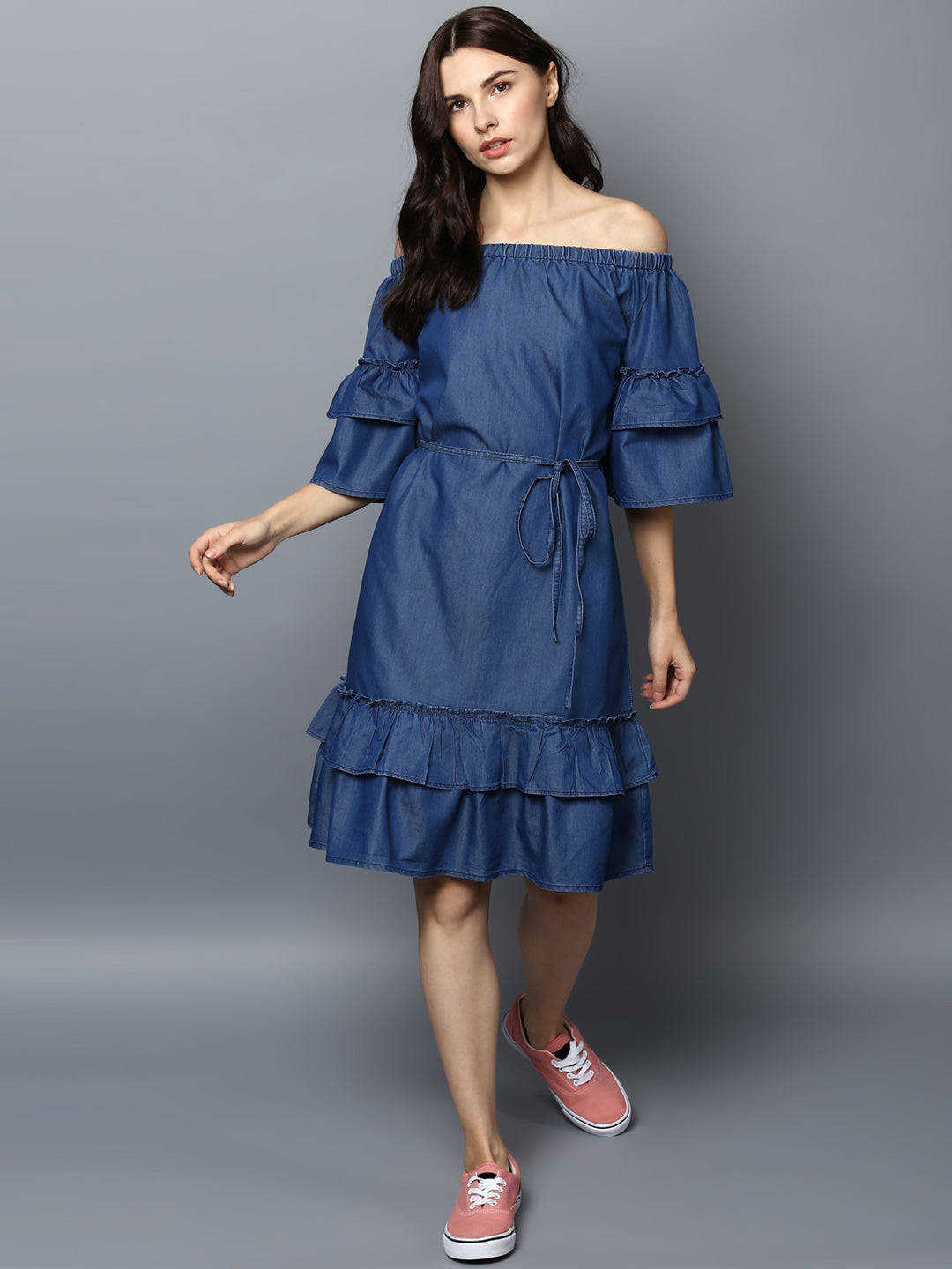 Women's Denim Off Shoulder Tier Sleeve Dress