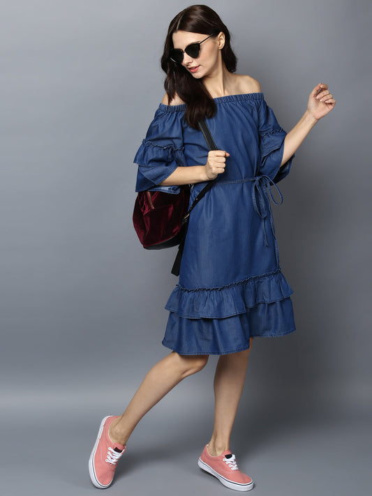 Women's Denim Off Shoulder Tier Sleeve Dress