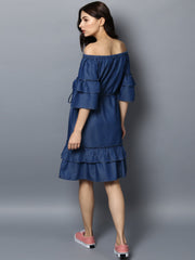 Women's Denim Off Shoulder Tier Sleeve Dress