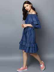 Women's Denim Off Shoulder Tier Sleeve Dress