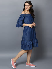 Women's Denim Off Shoulder Tier Sleeve Dress