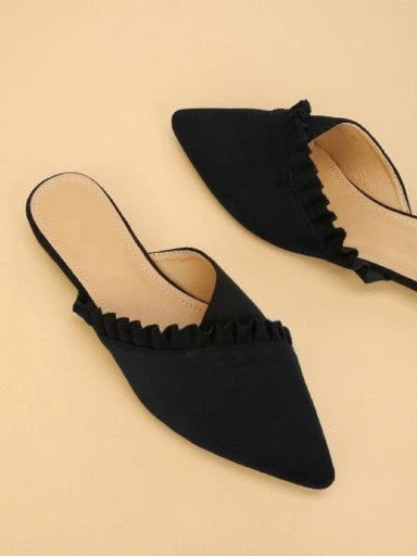 Womens & Girls Black Solid Velvet Mules