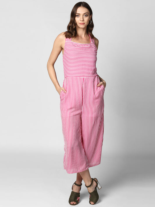 Women's Pink Stripe Jumpsuit with Cross Tie Up Back