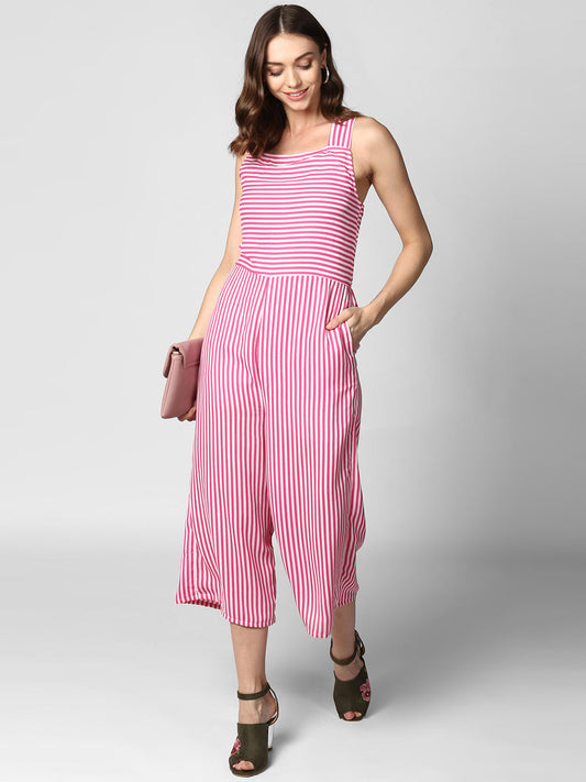 Women's Pink Stripe Jumpsuit with Cross Tie Up Back