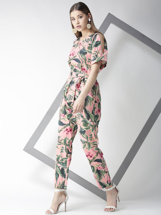 Women's Pink Floral Slit Sleeve Jumpsuit with Belt