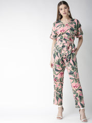 Women's Pink Floral Slit Sleeve Jumpsuit with Belt