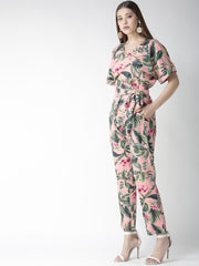 Women's Pink Floral Slit Sleeve Jumpsuit with Belt