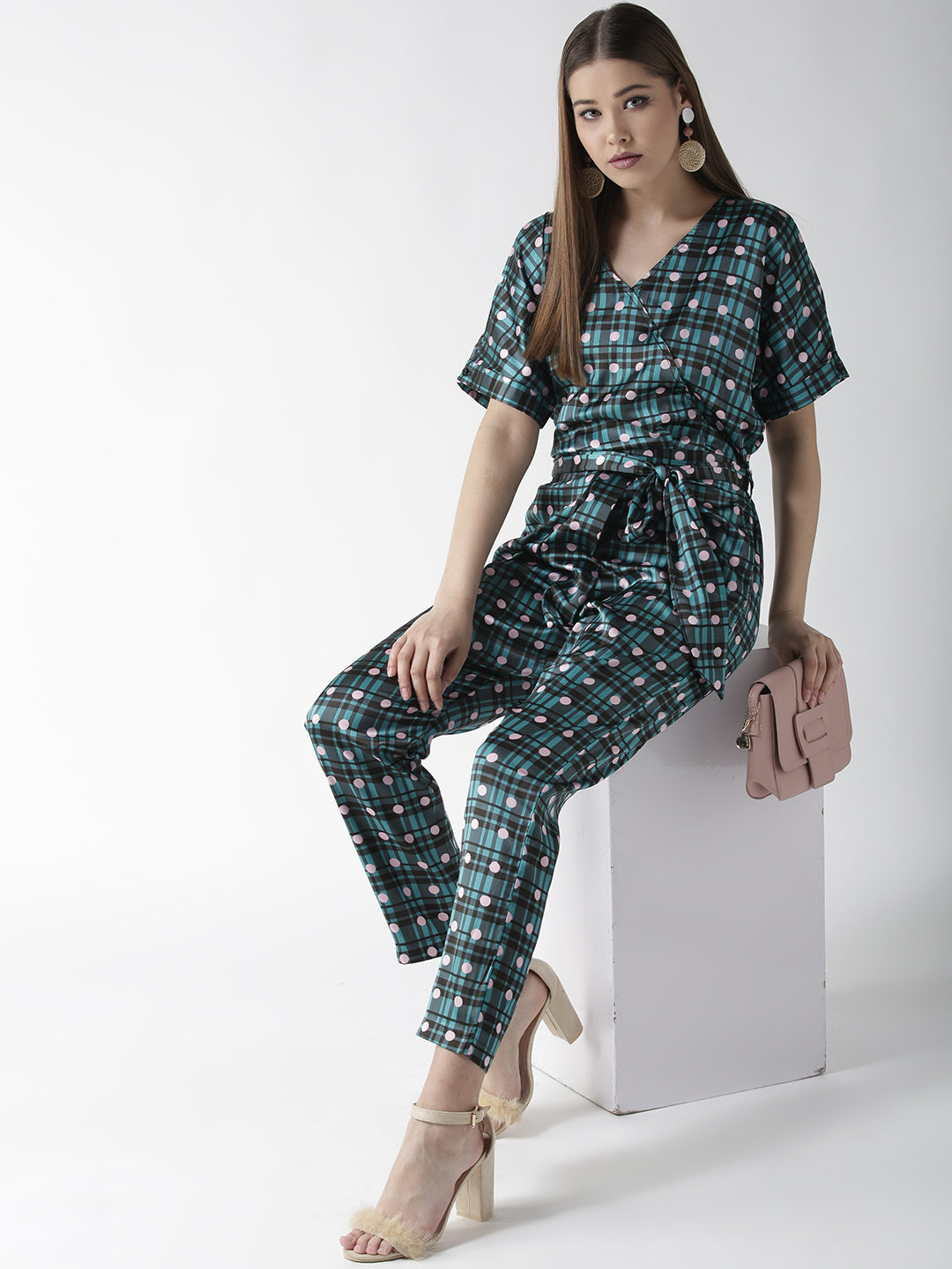 Women's Green Check and Dot Print Satin Jumpsuit