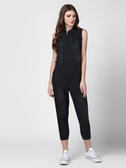 Women's Black Denim Jumpsuit with Manderin Collar