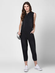 Women's Black Denim Jumpsuit with Manderin Collar