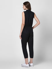 Women's Black Denim Jumpsuit with Manderin Collar