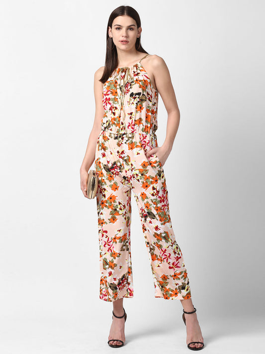 Women's Floral Printed Jumpsuit with Gold Lace Neckstrap