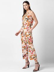 Women's Floral Printed Jumpsuit with Gold Lace Neckstrap