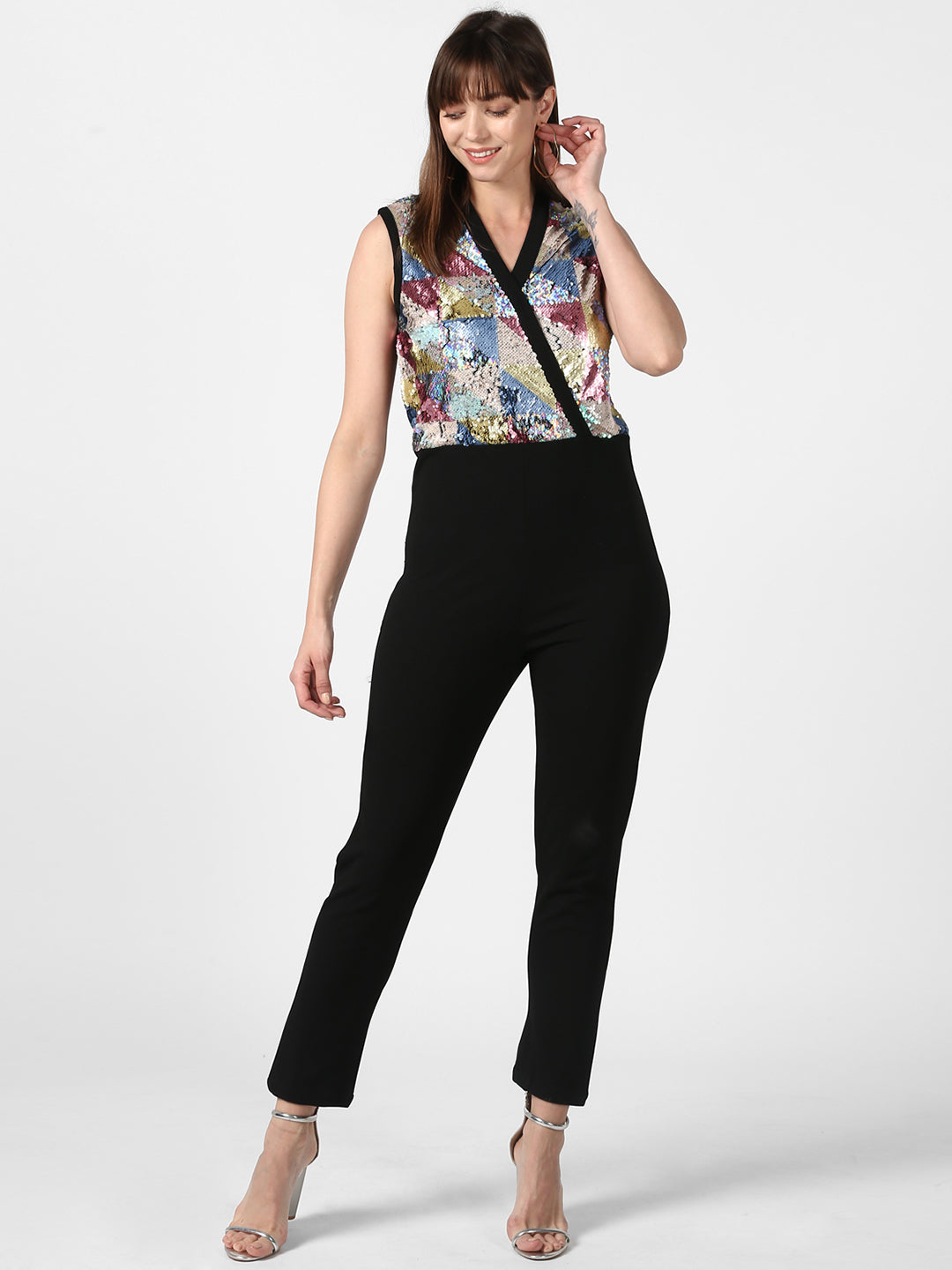 Women's Black and Multi-coloured Sequin Jumpsuit