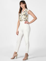 Women's White and Golden-Silver Sequin Jumpsuit