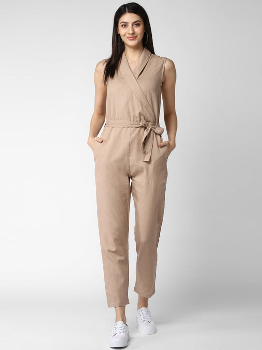 Women's Cotton Linen Beige Jumpsuit