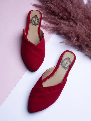 Womens & Girls Red Solid Velvet Mules