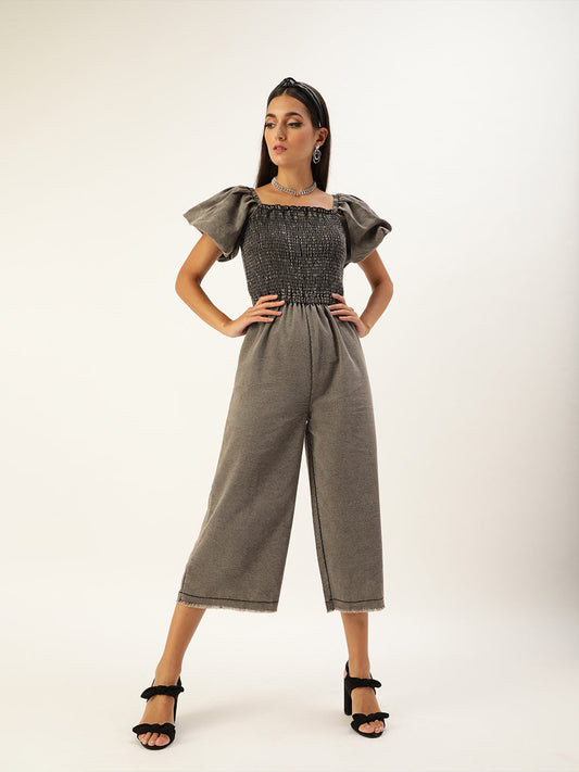 Women's Smocked Black Denim Jumpsuit with balloon sleeve