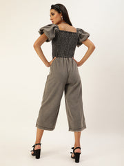 Women's Smocked Black Denim Jumpsuit with balloon sleeve