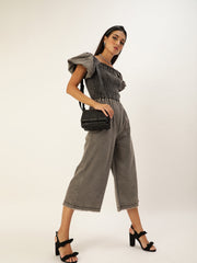 Women's Smocked Black Denim Jumpsuit with balloon sleeve