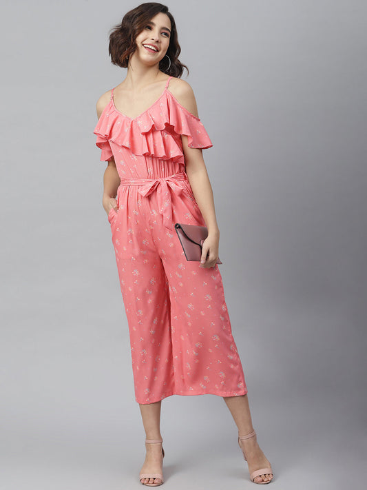 Women's Pink Cross Neck Ruffle Jumpsuit