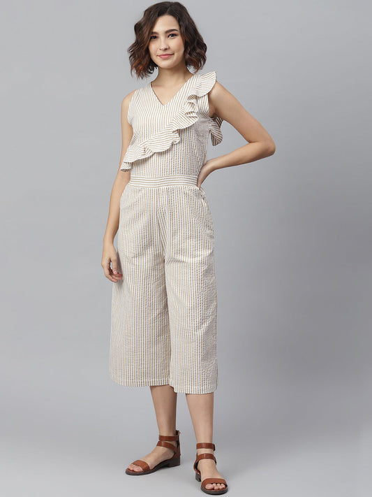 Women's Beige Stripe Seer Sucker One side ruffle Jumpsuit