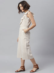 Women's Beige Stripe Seer Sucker One side ruffle Jumpsuit