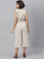 Women's Beige Stripe Seer Sucker One side ruffle Jumpsuit