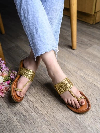 Womens & Girls Gold-Toned Woven Design One Toe Flats