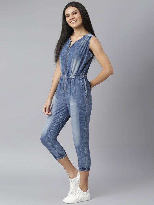 Women's Blue Denim Jumpsuit with front Zip