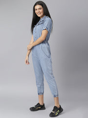 Women's Ruffled Denim Jumpsuit with front button