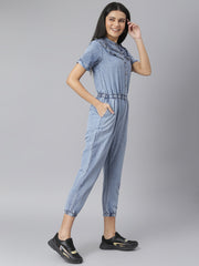 Women's Ruffled Denim Jumpsuit with front button