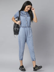 Women's Ruffled Denim Jumpsuit with front button