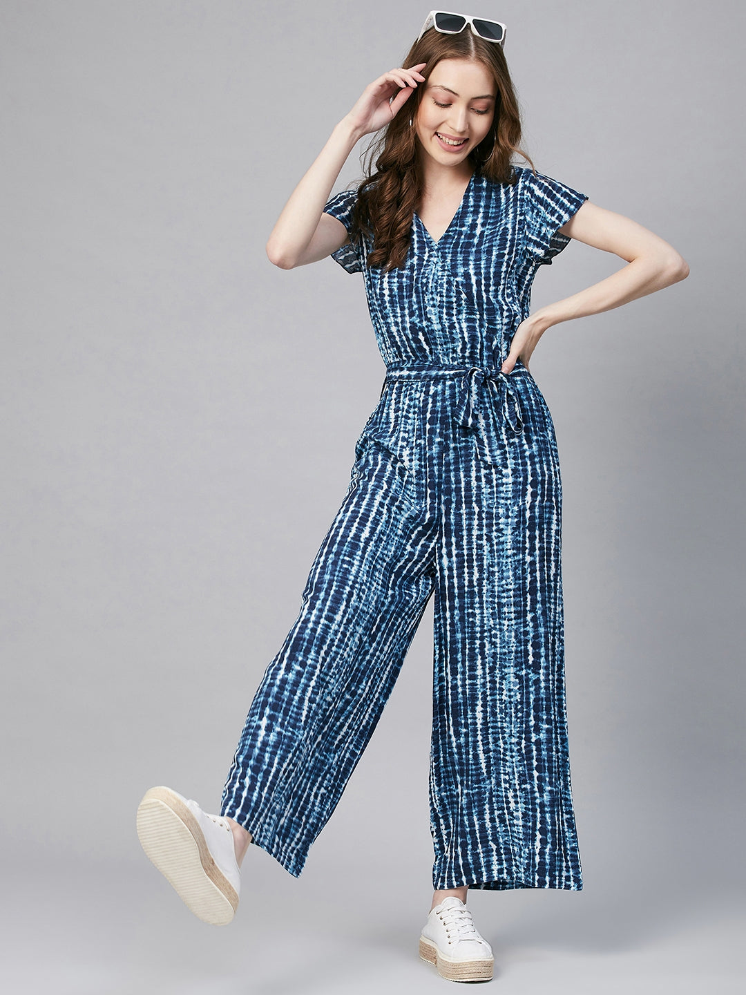 Women's Blue Tie & Dye Print Overlap Jumpsuit