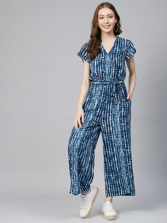 Women's Blue Tie & Dye Print Overlap Jumpsuit