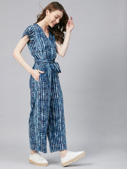 Women's Blue Tie & Dye Print Overlap Jumpsuit