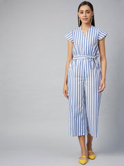 Women's Blue Stripe Cotton Blend Jumpsuit