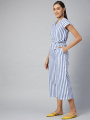 Women's Blue Stripe Cotton Blend Jumpsuit