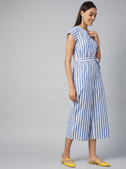 Women's Blue Stripe Cotton Blend Jumpsuit