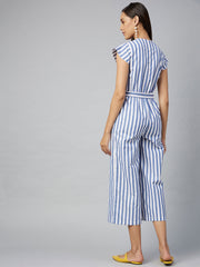 Women's Blue Stripe Cotton Blend Jumpsuit