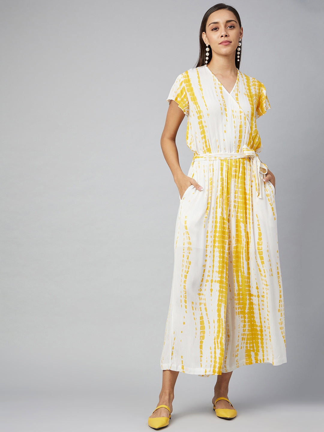 Women's Yellow Tie & Dye Rayon printed Jumpsuit