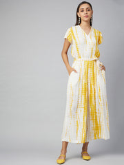 Women's Yellow Tie & Dye Rayon printed Jumpsuit