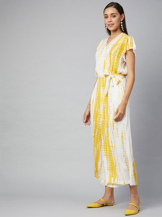 Women's Yellow Tie & Dye Rayon printed Jumpsuit