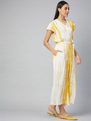 Women's Yellow Tie & Dye Rayon printed Jumpsuit