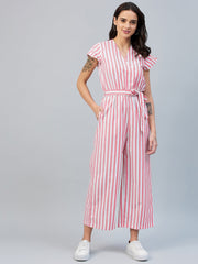 Women's Pink Stripe Wrap Style Jumpsuit