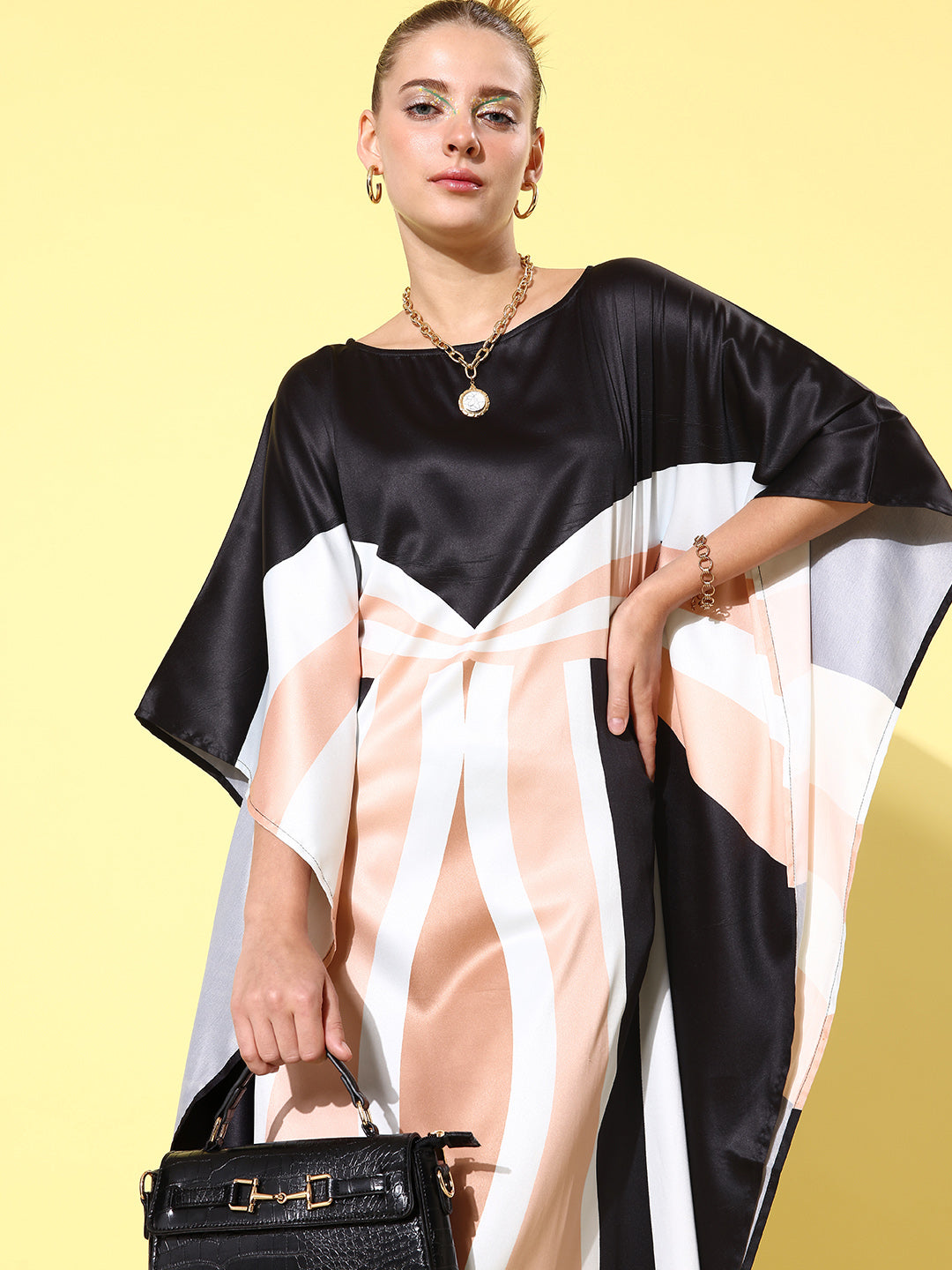 Women's Satin Black & Beige Kaftan Dress