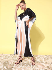 Women's Satin Black & Beige Kaftan Dress